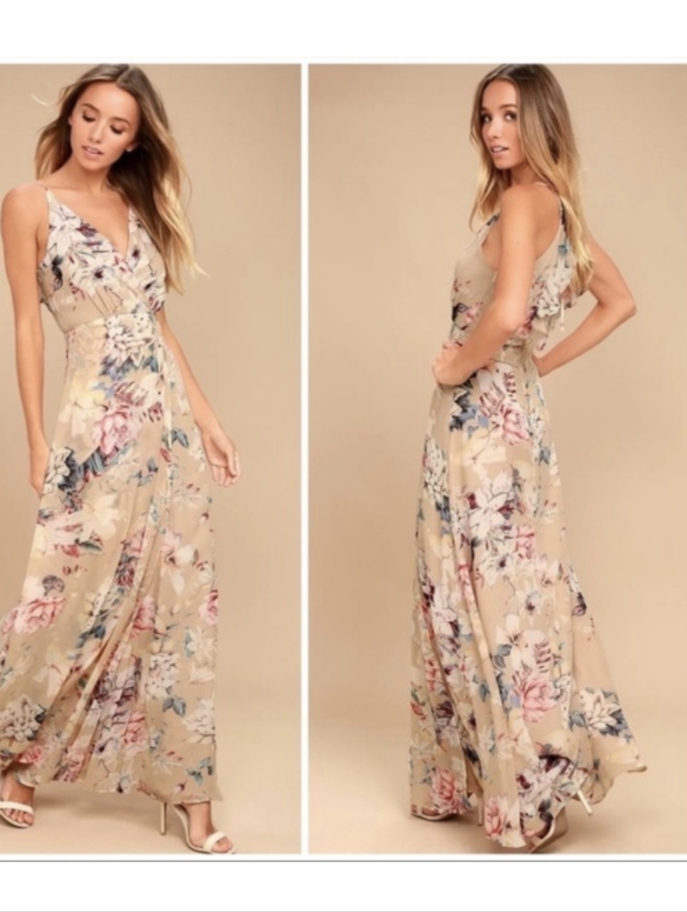 LuLus Something Just Like This Beige Floral Print Maxi Dress - M